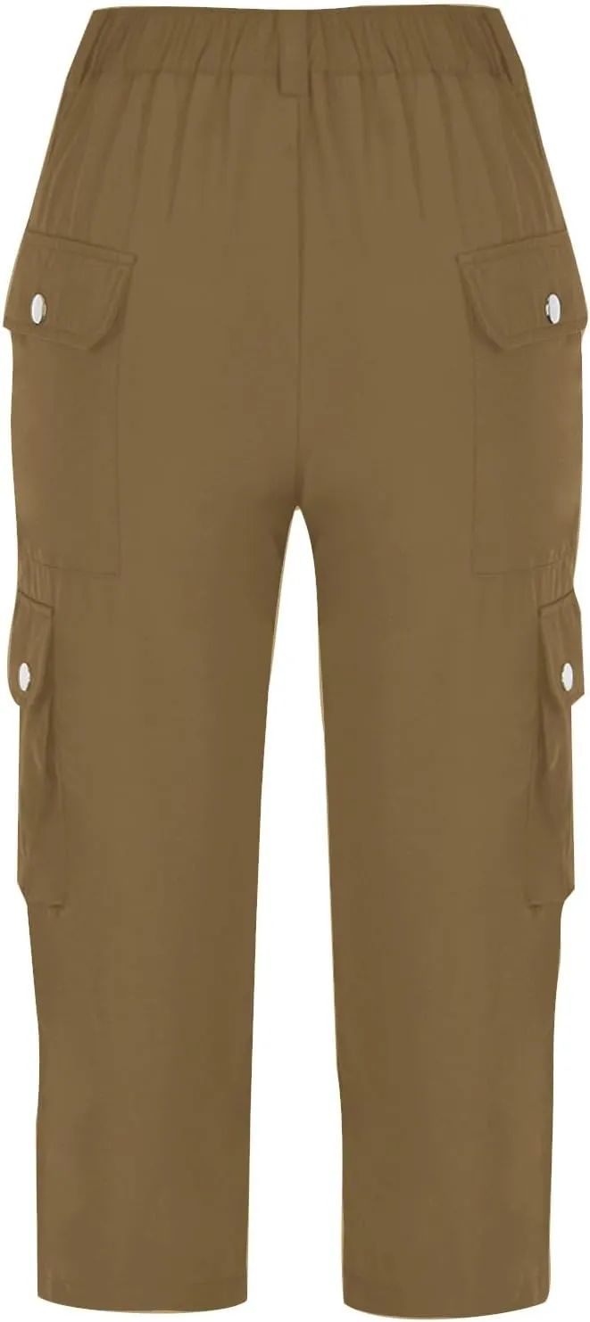 Womens Casual Cargo Capri Trousers Solid Elastic Waisted Pants with Pocket Gym Running Loose Straight Wide Leg Trousers