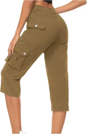 Womens Casual Cargo Capri Trousers Solid Elastic Waisted Pants with Pocket Gym Running Loose Straight Wide Leg Trousers