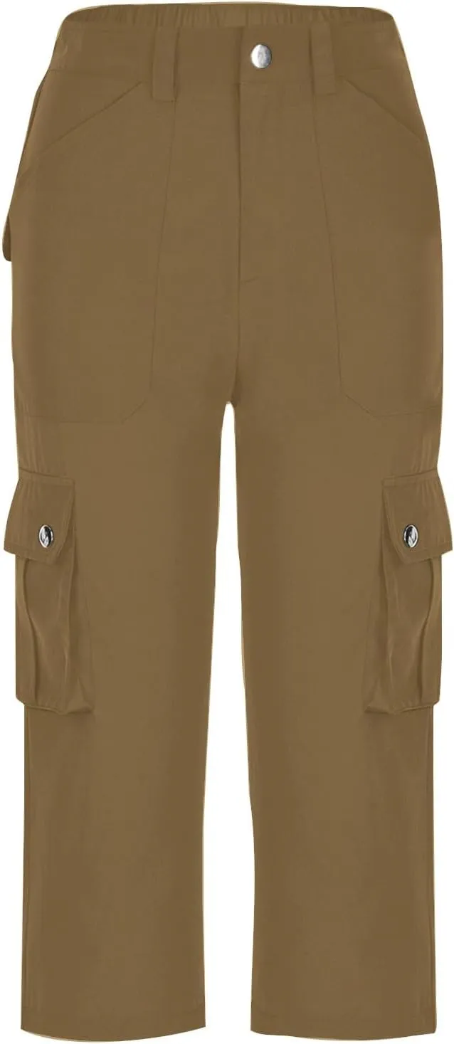 Womens Casual Cargo Capri Trousers Solid Elastic Waisted Pants with Pocket Gym Running Loose Straight Wide Leg Trousers
