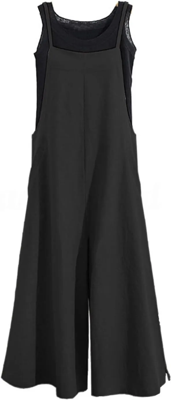 Women's Casual Loose Long Cotton Bib Overalls Baggy Linen Plus Size Jumpsuits Rompers Wide Leg Pants