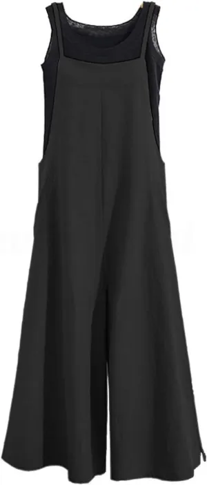 Women's Casual Loose Long Cotton Bib Overalls Baggy Linen Plus Size Jumpsuits Rompers Wide Leg Pants