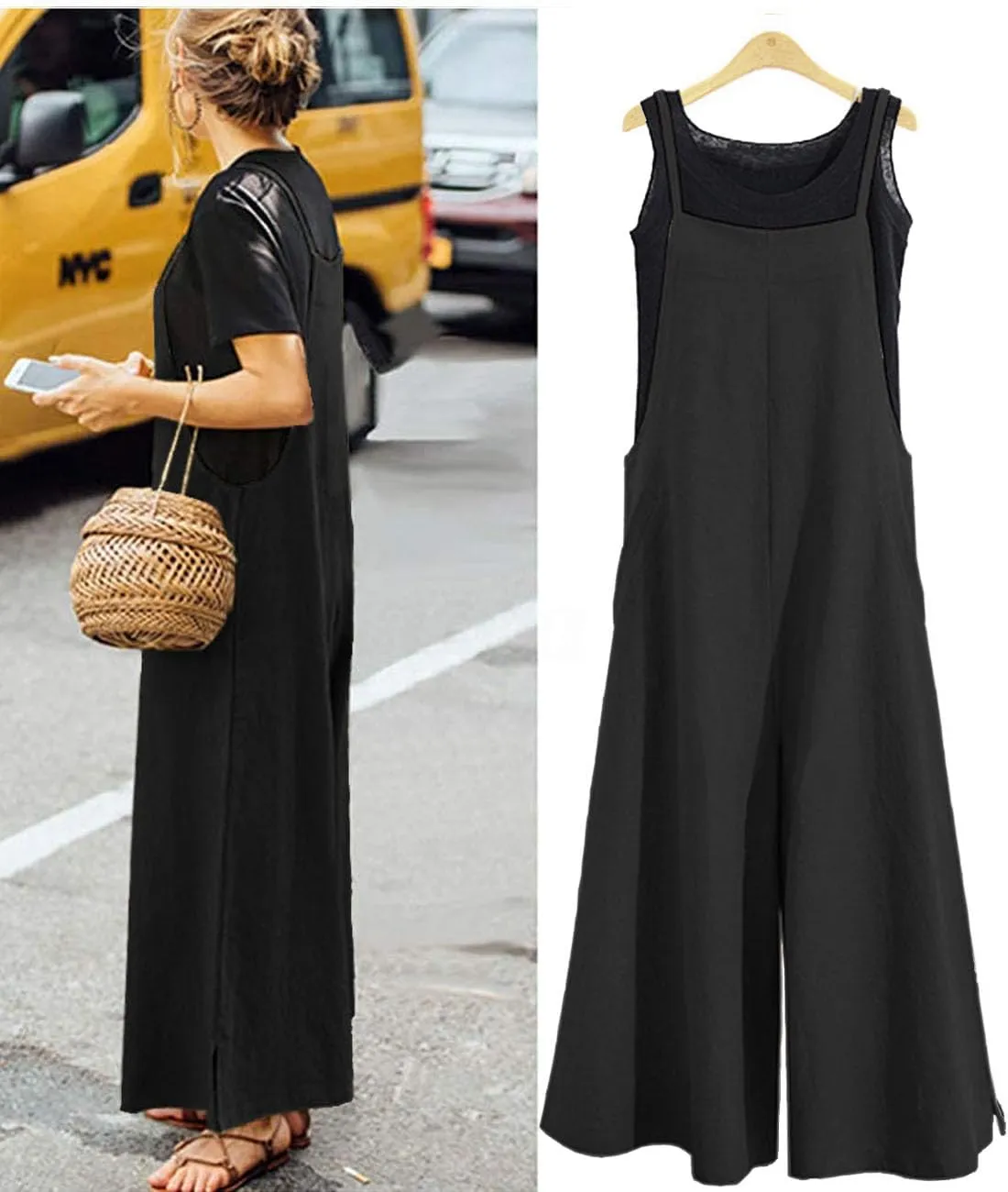 Women's Casual Loose Long Cotton Bib Overalls Baggy Linen Plus Size Jumpsuits Rompers Wide Leg Pants