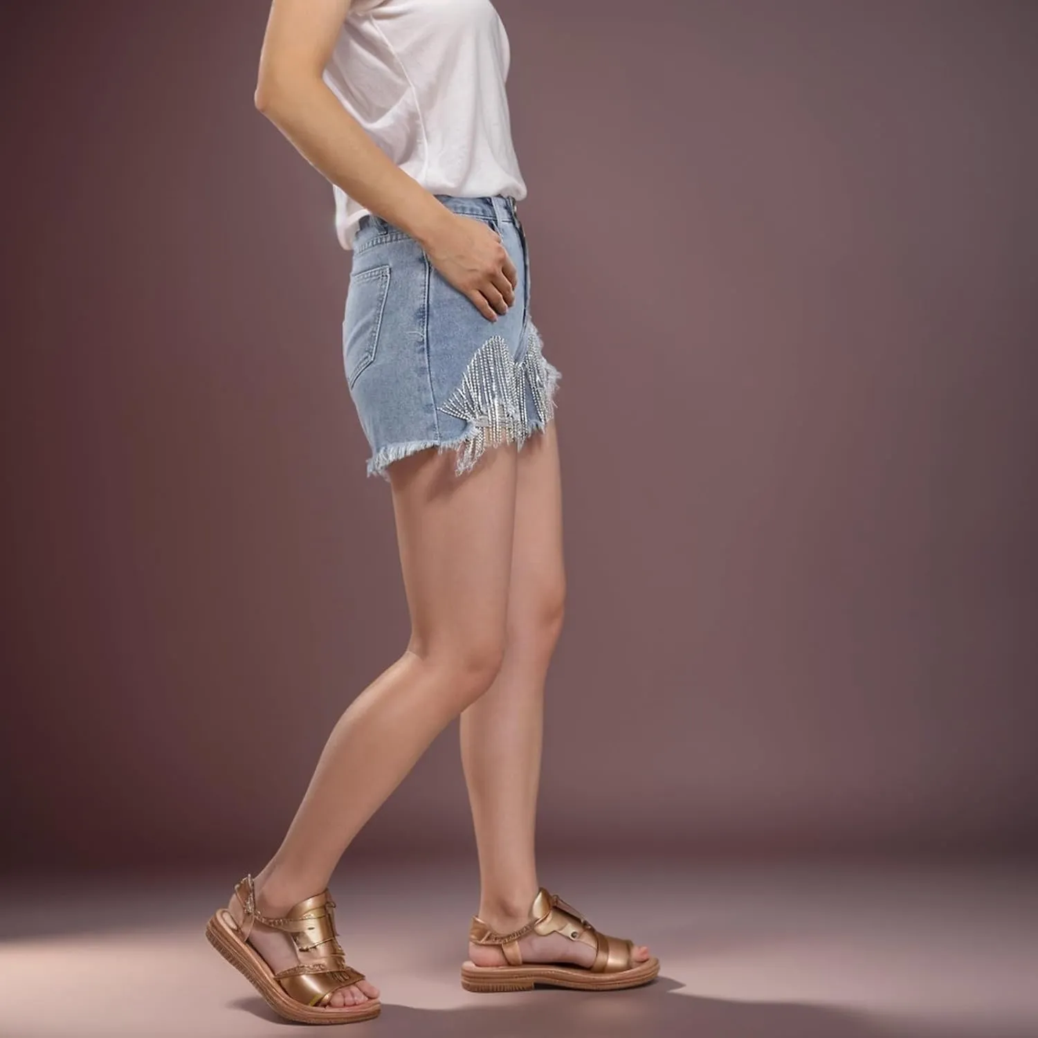 Women's Casual Summer 100% Denim Shorts High Waisted Stretchy Summer Ripped Tassel Hot Raw Hem Baggy Jean Hot Shorts
