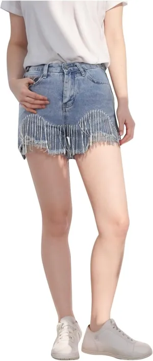 Women's Casual Summer 100% Denim Shorts High Waisted Stretchy Summer Ripped Tassel Hot Raw Hem Baggy Jean Hot Shorts