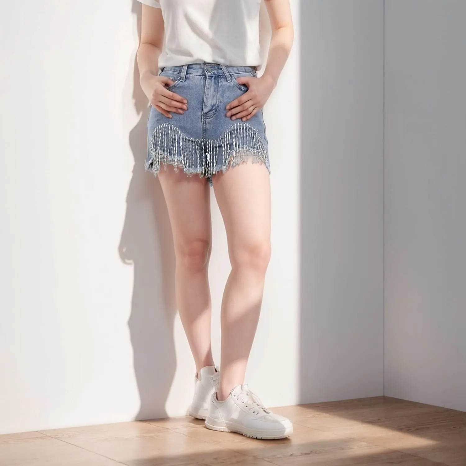 Women's Casual Summer 100% Denim Shorts High Waisted Stretchy Summer Ripped Tassel Hot Raw Hem Baggy Jean Hot Shorts