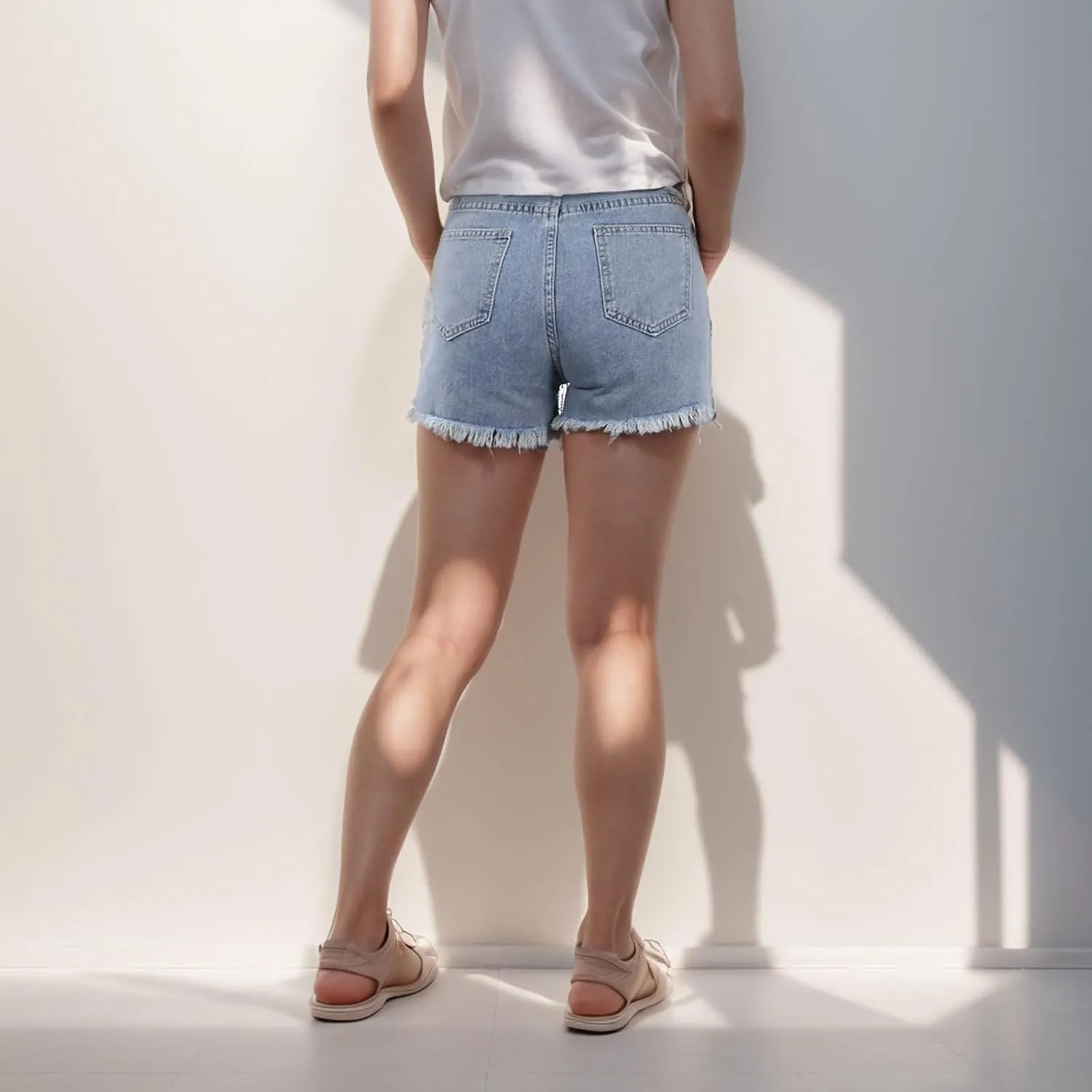 Women's Casual Summer 100% Denim Shorts High Waisted Stretchy Summer Ripped Tassel Hot Raw Hem Baggy Jean Hot Shorts
