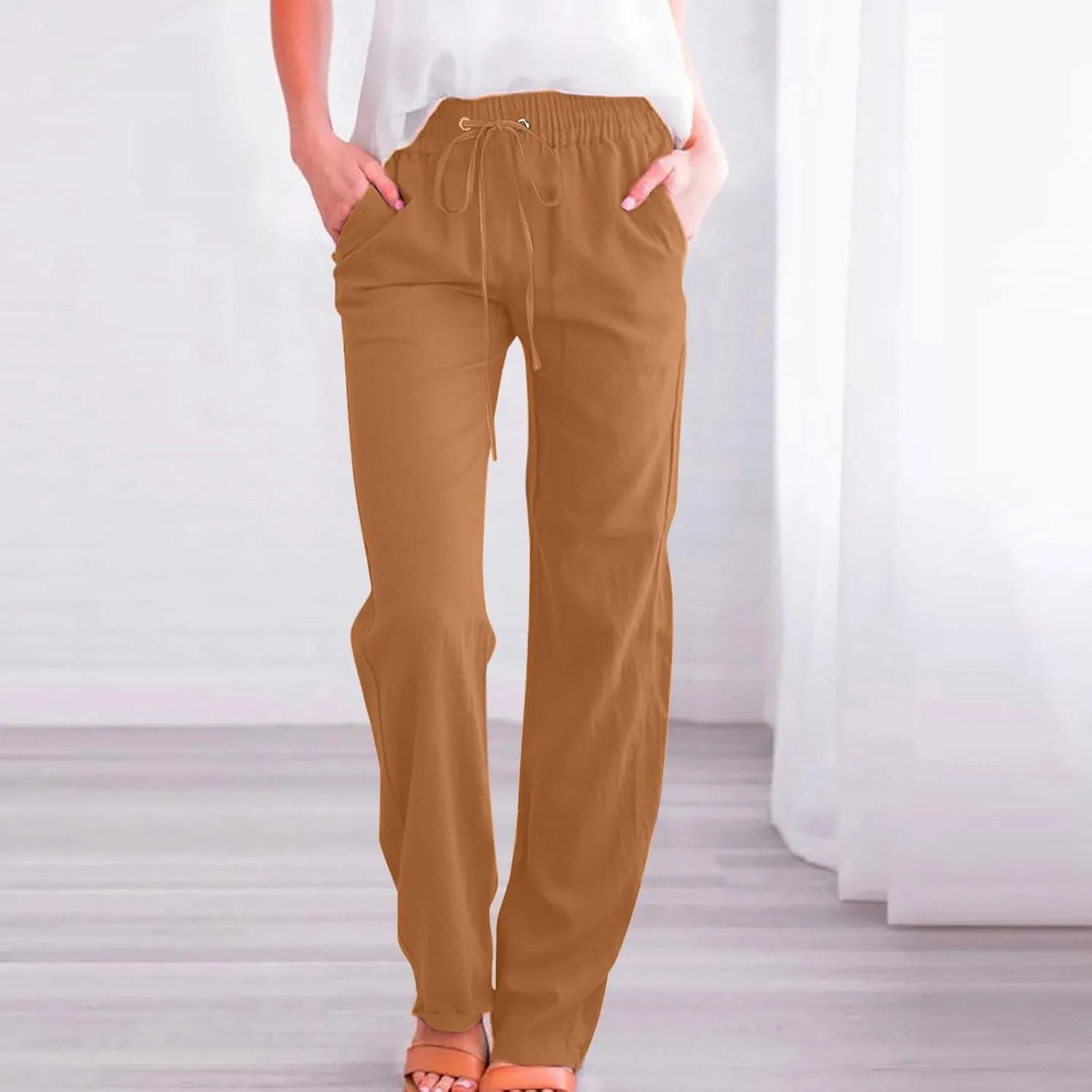Women's Casual Trousers Solid Drawstring Linen Pants Loose Wide Leg Straight Leg Trousers Slim Fit Pants with Pocket