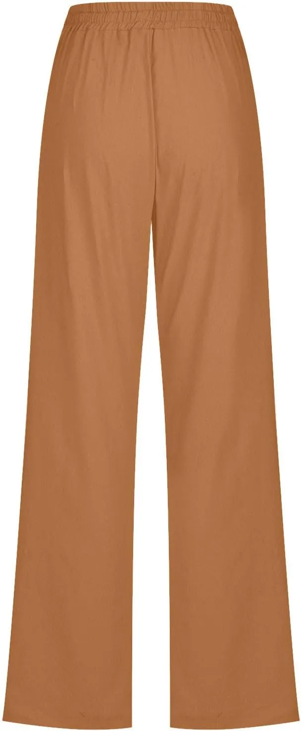 Women's Casual Trousers Solid Drawstring Linen Pants Loose Wide Leg Straight Leg Trousers Slim Fit Pants with Pocket
