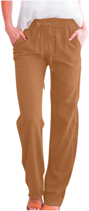 Women's Casual Trousers Solid Drawstring Linen Pants Loose Wide Leg Straight Leg Trousers Slim Fit Pants with Pocket