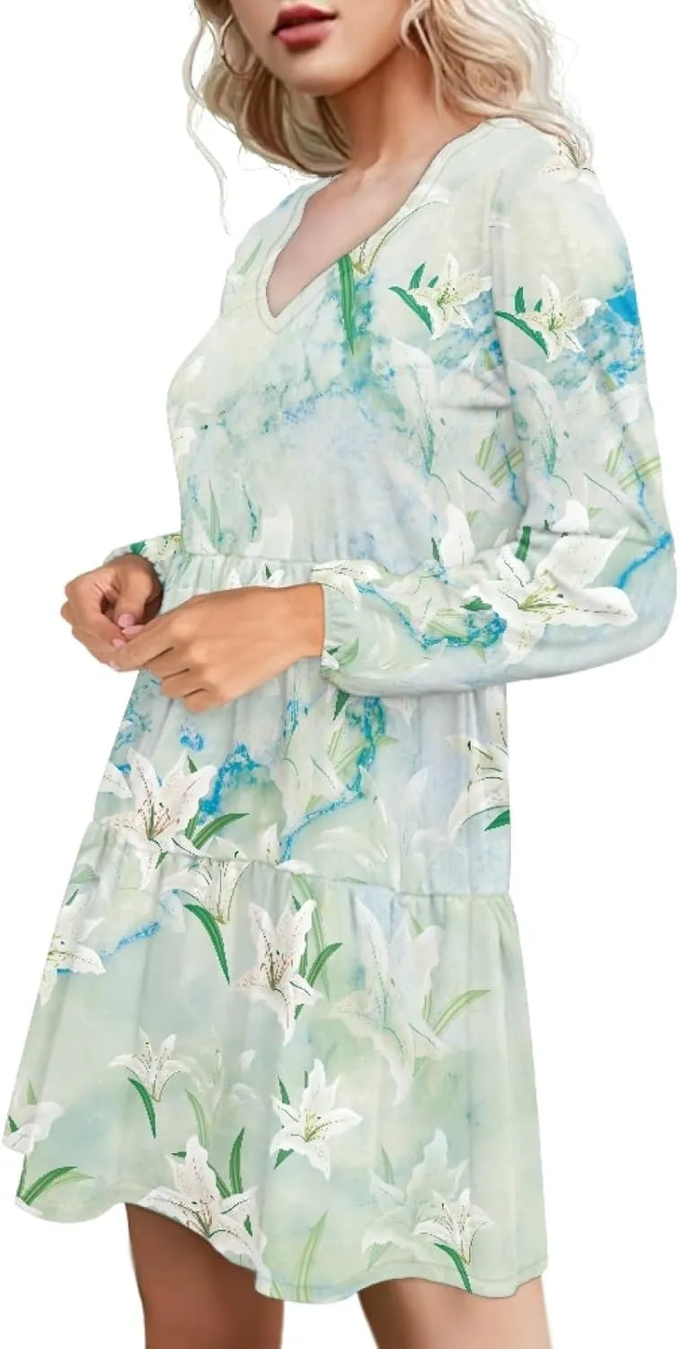 Women's Casual V Neck Long Sleeve A Line Mini Dress
