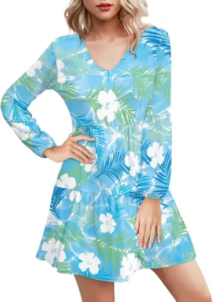 Women's Casual V Neck Long Sleeve A Line Mini Dress