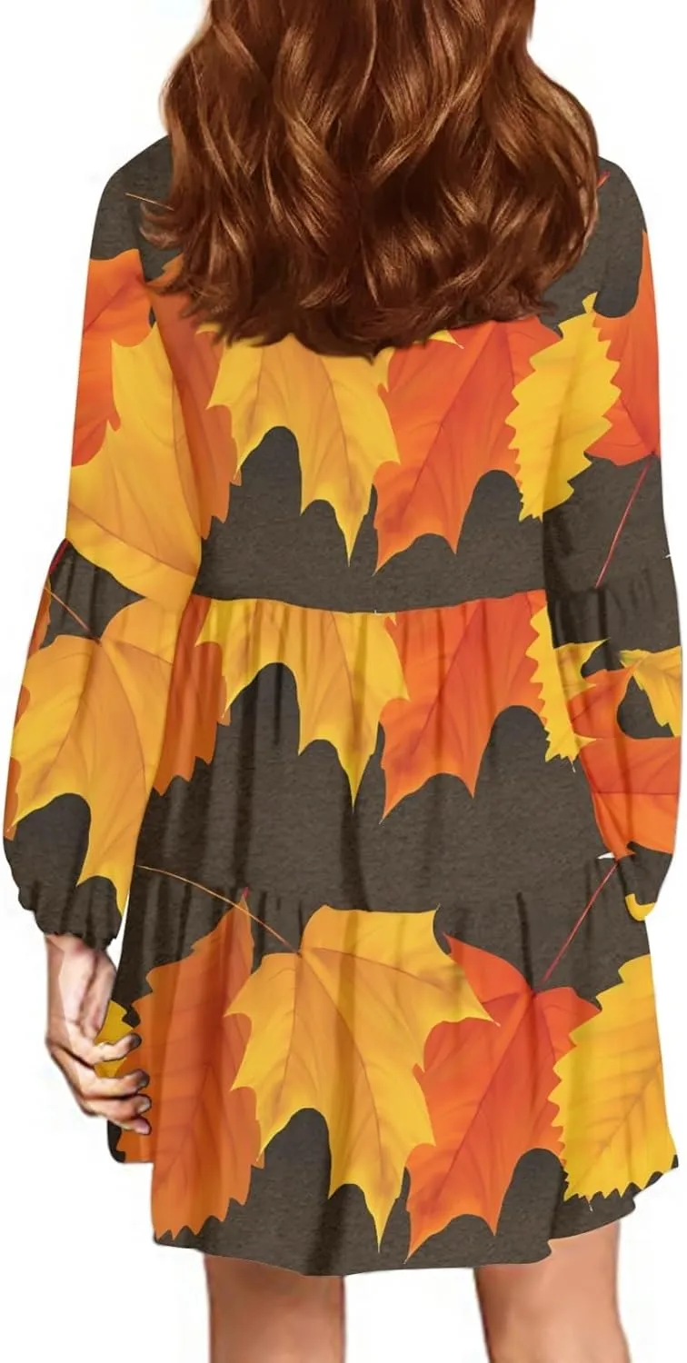 Women's Casual V Neck Long Sleeve A Line Mini Dress