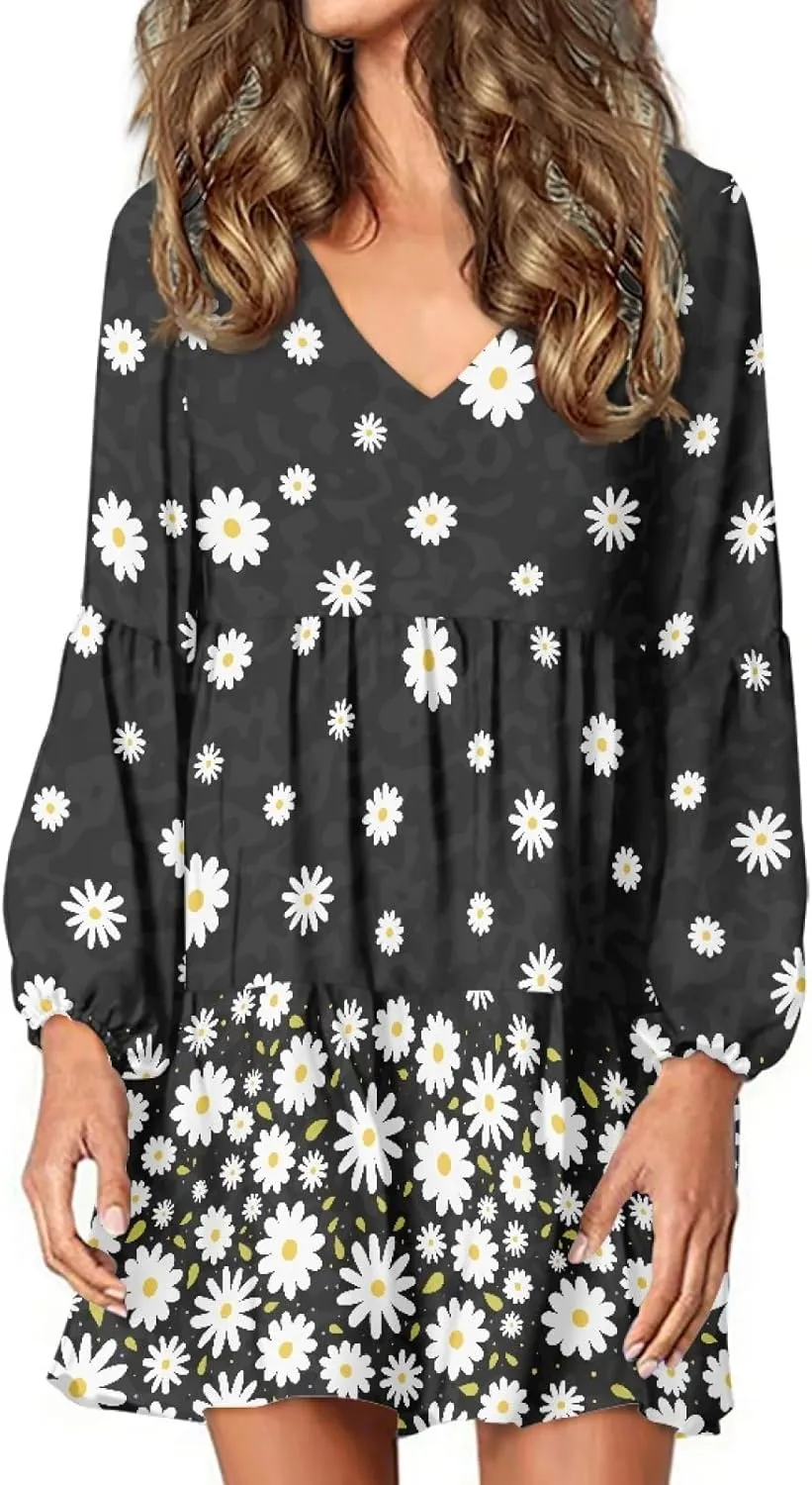 Women's Casual V Neck Long Sleeve A Line Mini Dress
