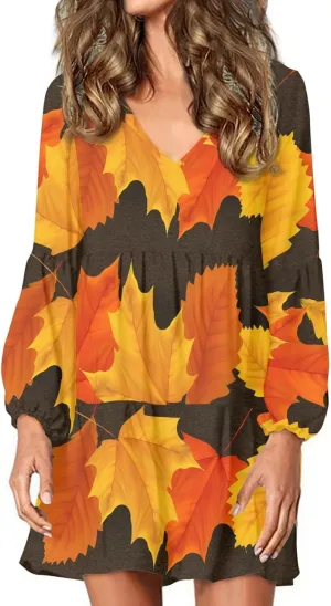 Women's Casual V Neck Long Sleeve A Line Mini Dress