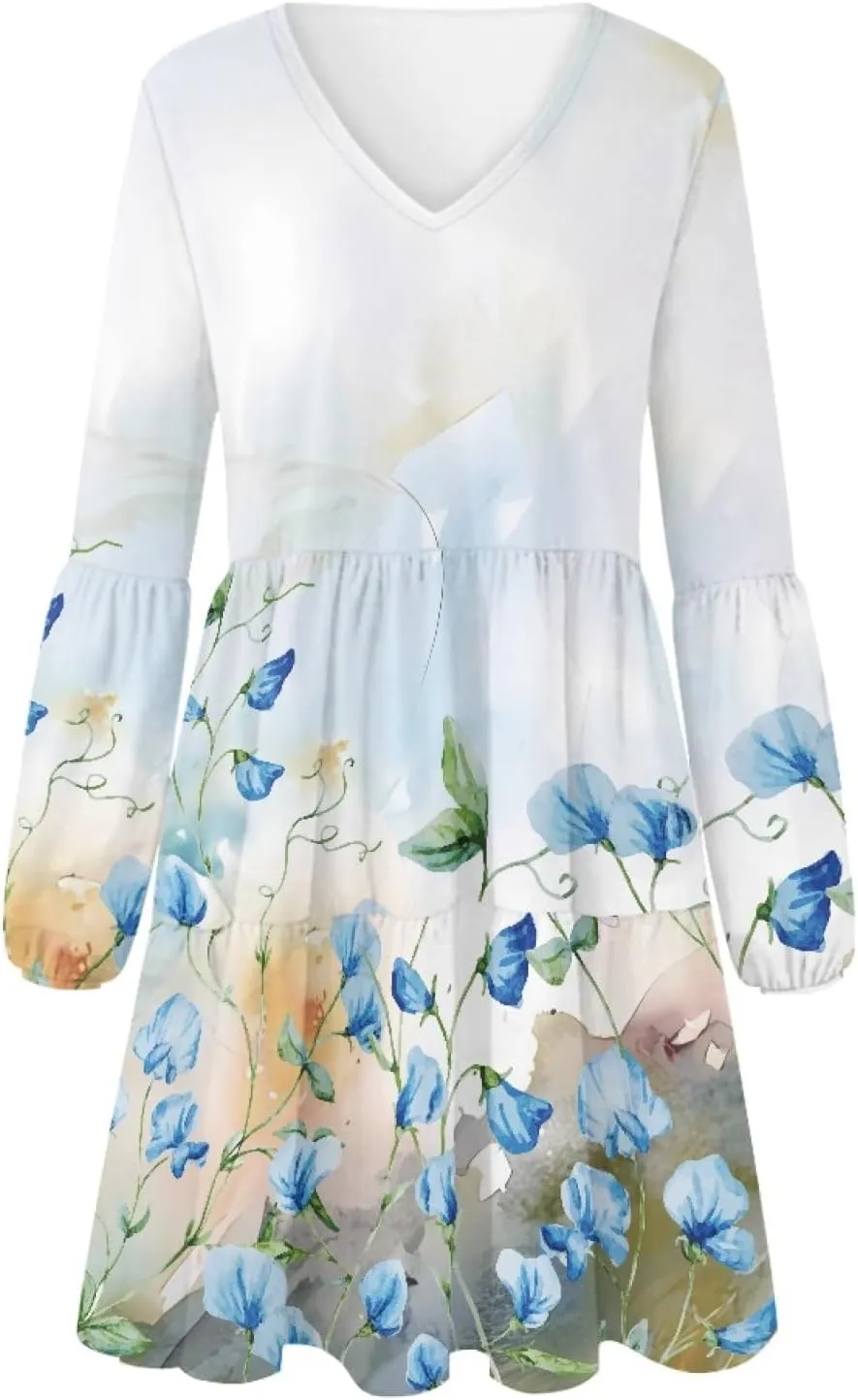 Women's Casual V Neck Long Sleeve A Line Mini Dress