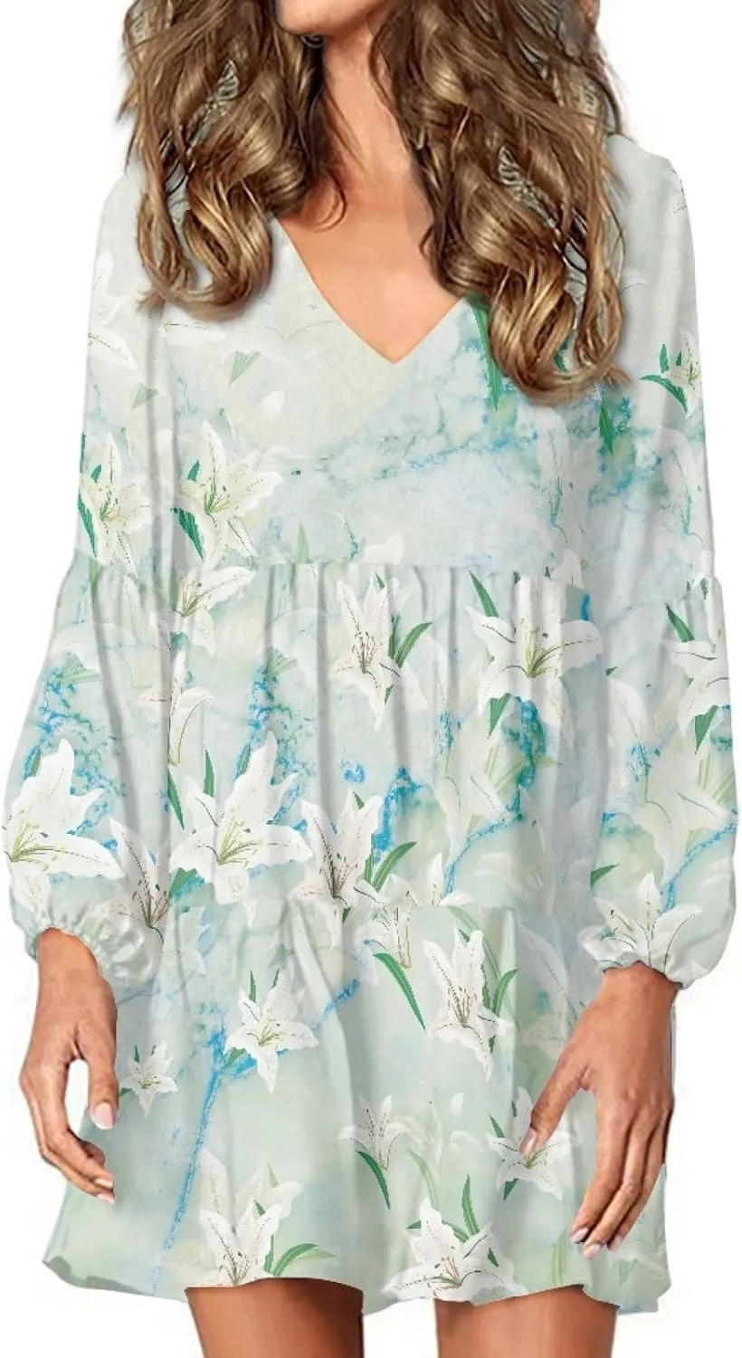 Women's Casual V Neck Long Sleeve A Line Mini Dress