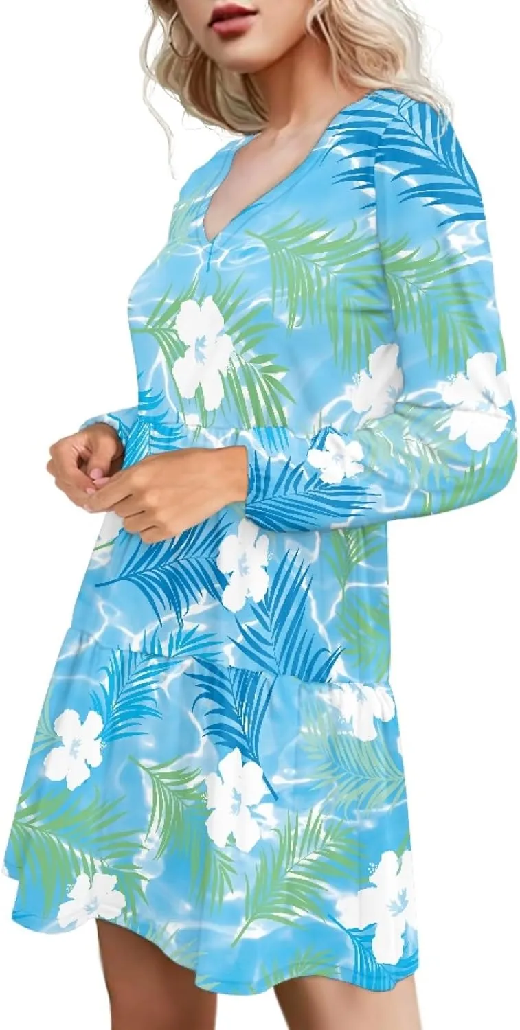 Women's Casual V Neck Long Sleeve A Line Mini Dress