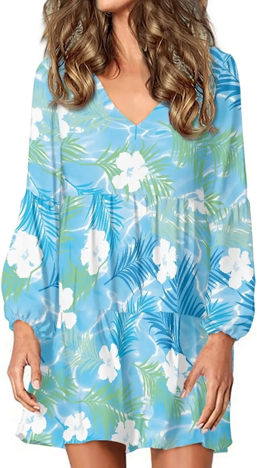 Women's Casual V Neck Long Sleeve A Line Mini Dress