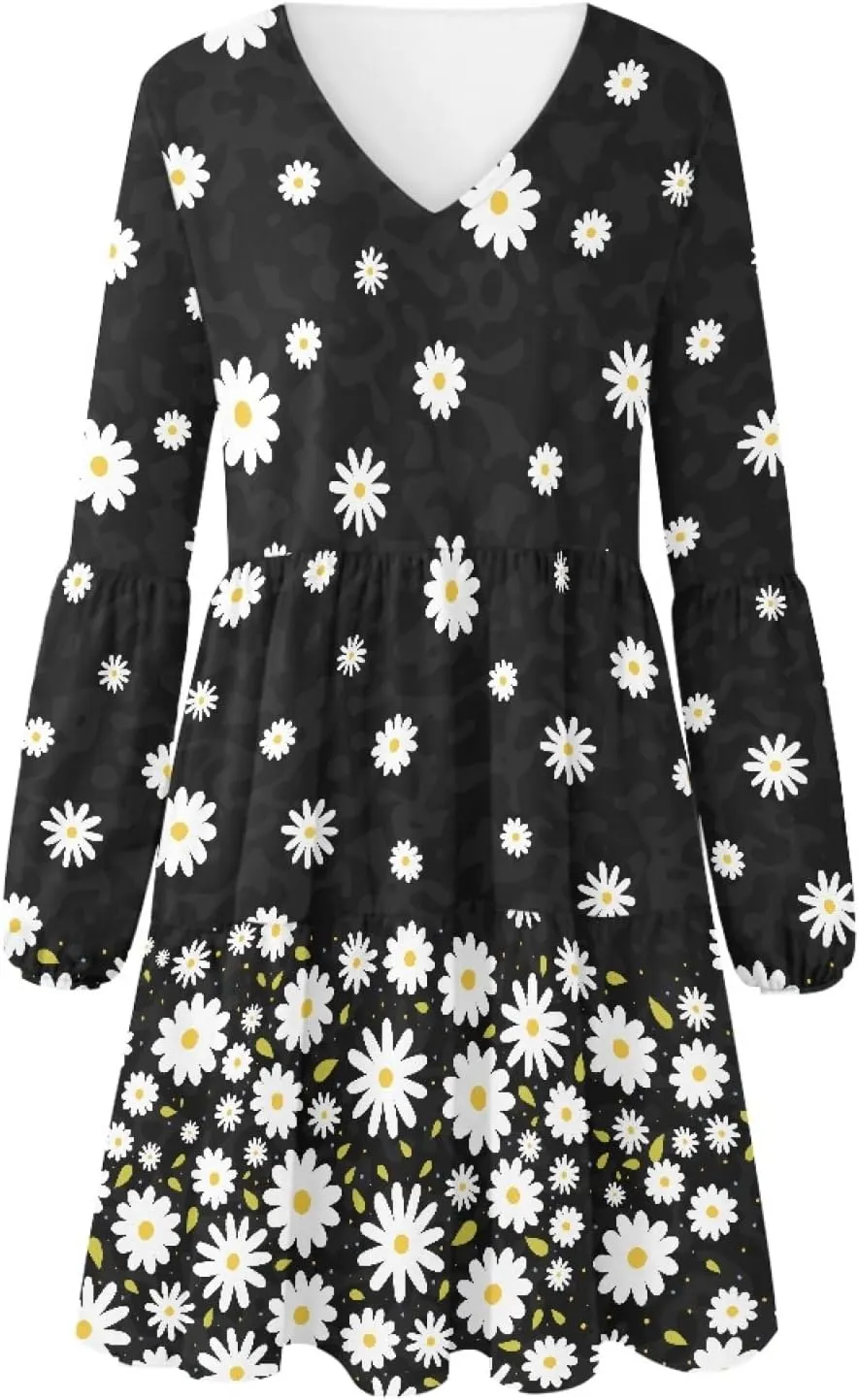 Women's Casual V Neck Long Sleeve A Line Mini Dress