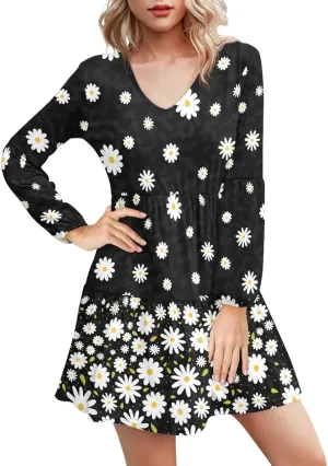 Women's Casual V Neck Long Sleeve A Line Mini Dress