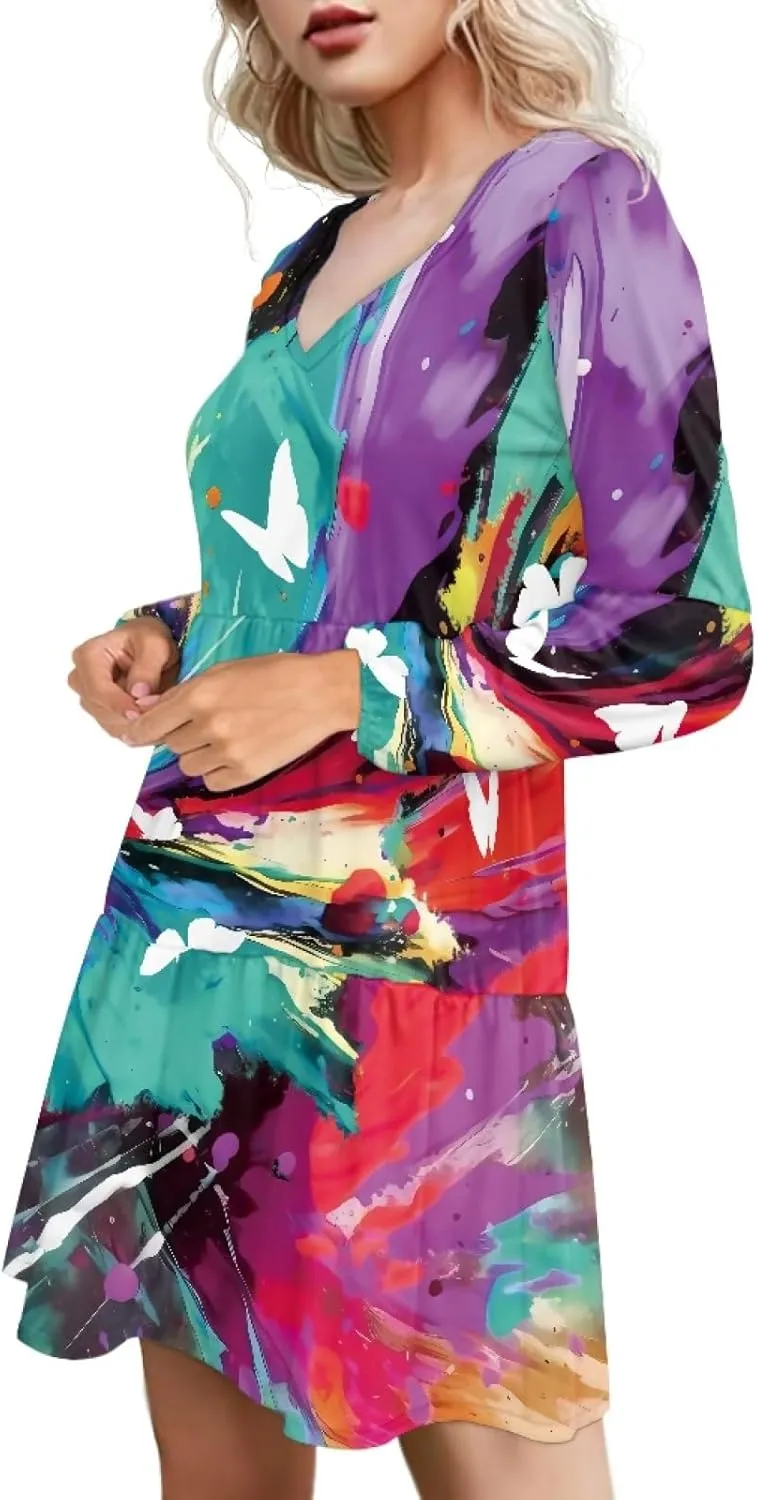 Women's Casual V Neck Long Sleeve A Line Mini Dress