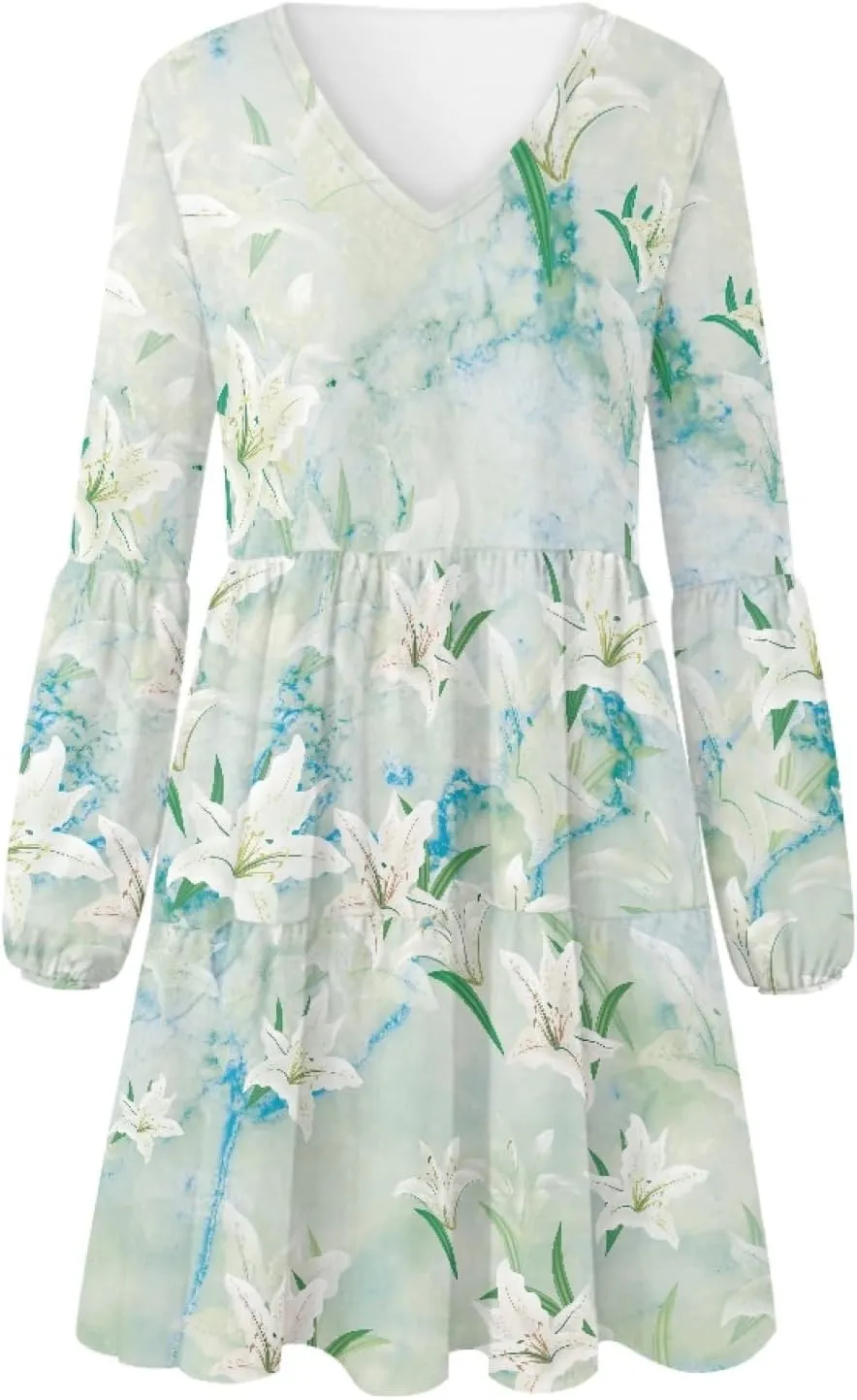 Women's Casual V Neck Long Sleeve A Line Mini Dress
