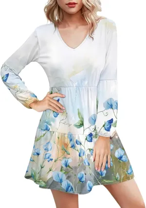 Women's Casual V Neck Long Sleeve A Line Mini Dress