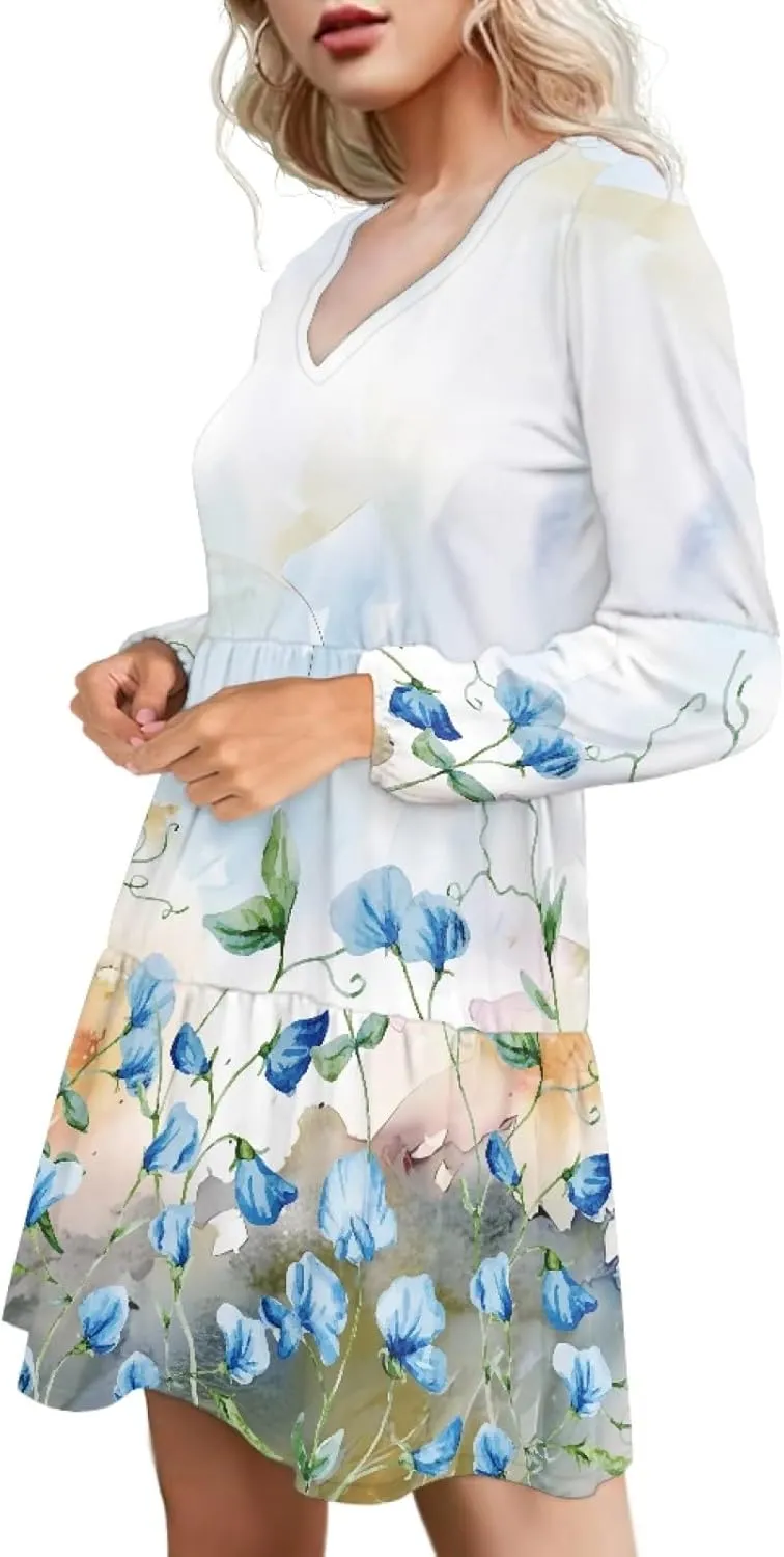Women's Casual V Neck Long Sleeve A Line Mini Dress