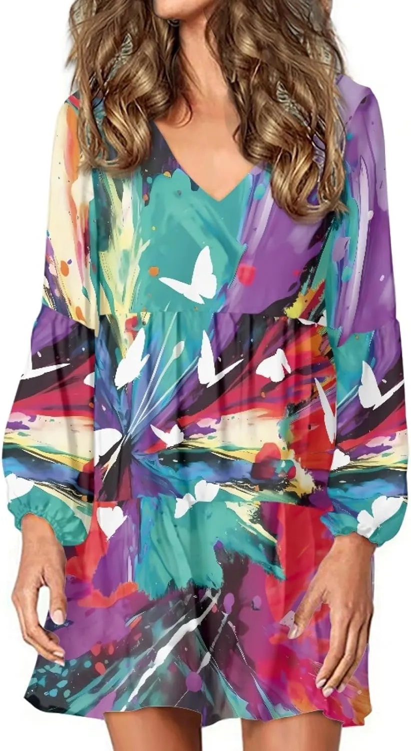 Women's Casual V Neck Long Sleeve A Line Mini Dress