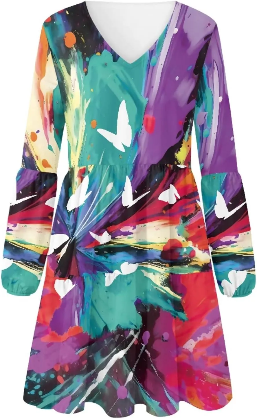 Women's Casual V Neck Long Sleeve A Line Mini Dress