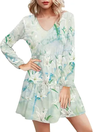 Women's Casual V Neck Long Sleeve A Line Mini Dress