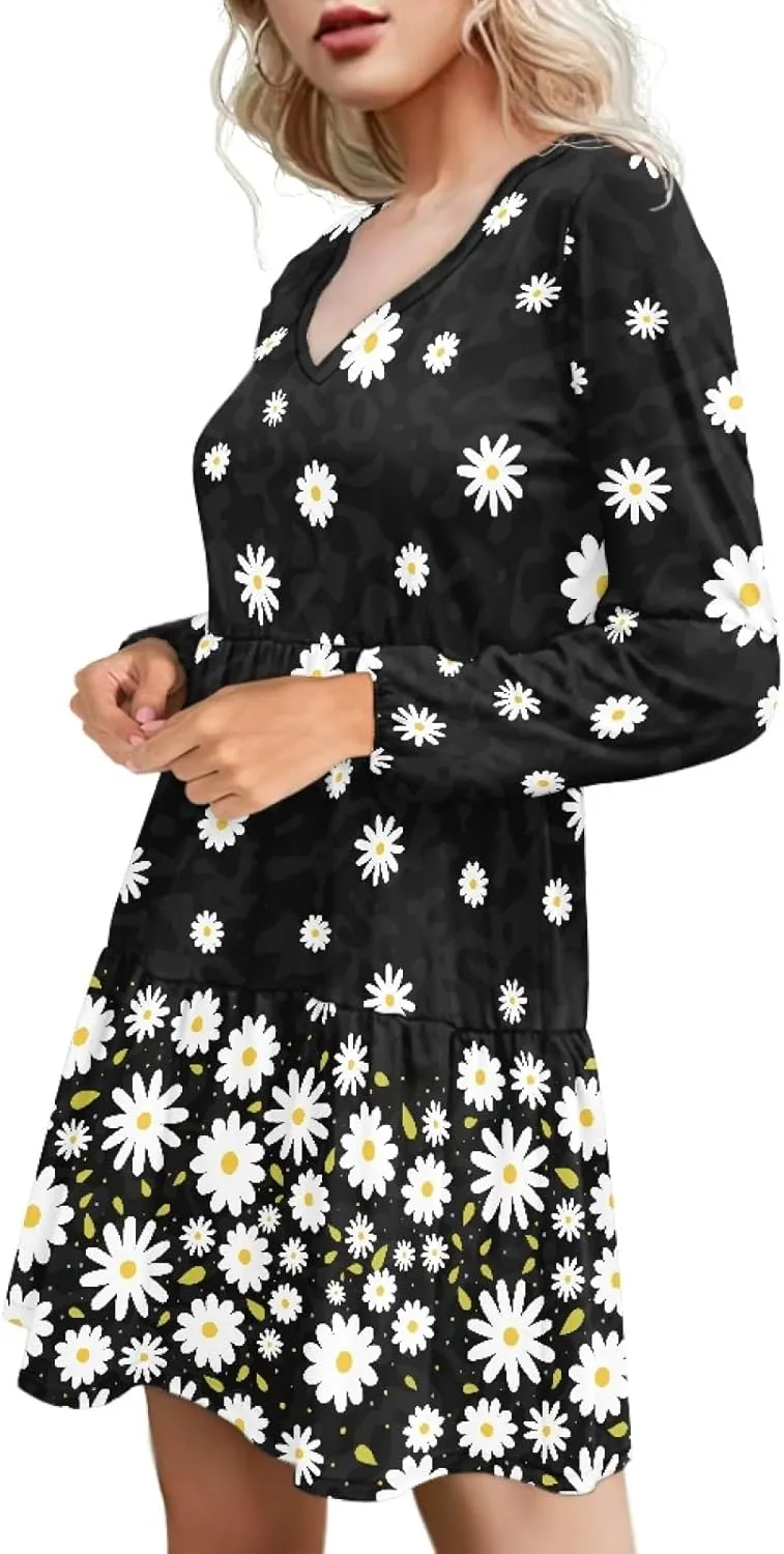 Women's Casual V Neck Long Sleeve A Line Mini Dress