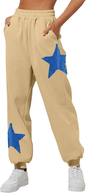 Womens Cinch Bottom Sweatpants Stars Print High Waisted Athletic Joggers Fleece Lined Lounge Trousers Winter Outfits