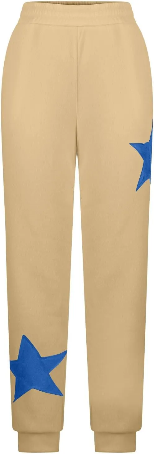 Womens Cinch Bottom Sweatpants Stars Print High Waisted Athletic Joggers Fleece Lined Lounge Trousers Winter Outfits