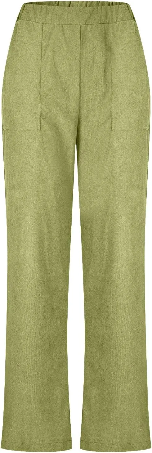 Women's Corduroy Pants High Rise Elastic Waist Straight Leg Pants Pull On Business Casual Trouser with Pockets