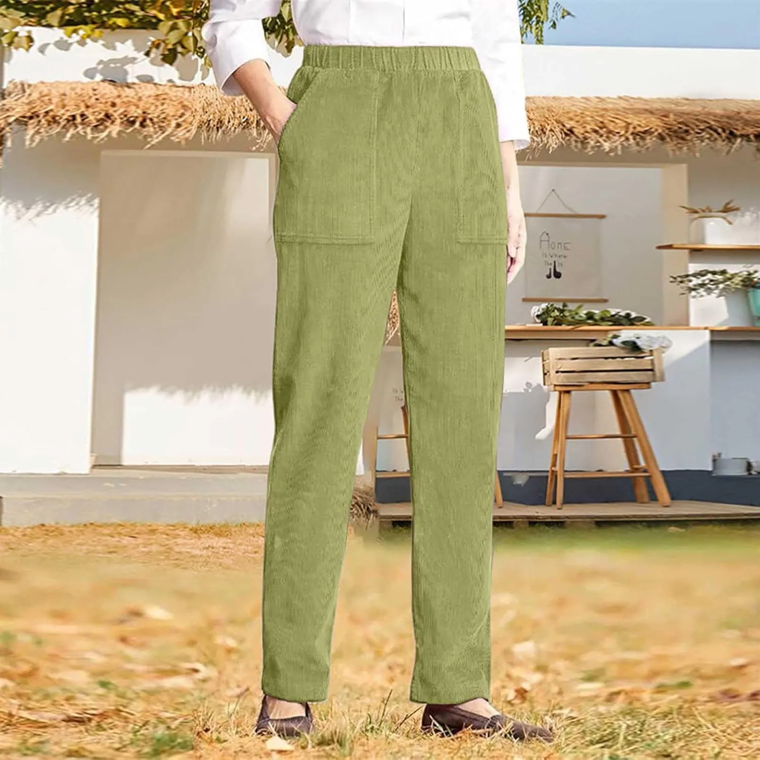 Women's Corduroy Pants High Rise Elastic Waist Straight Leg Pants Pull On Business Casual Trouser with Pockets