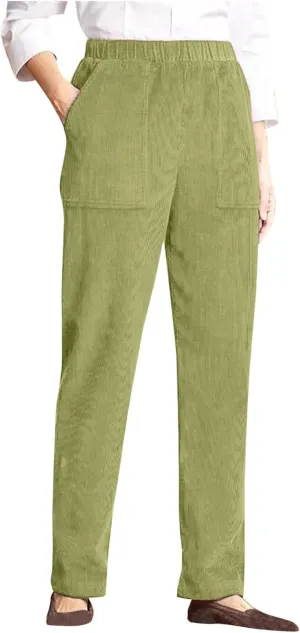 Women's Corduroy Pants High Rise Elastic Waist Straight Leg Pants Pull On Business Casual Trouser with Pockets