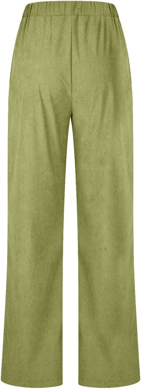 Women's Corduroy Pants High Rise Elastic Waist Straight Leg Pants Pull On Business Casual Trouser with Pockets