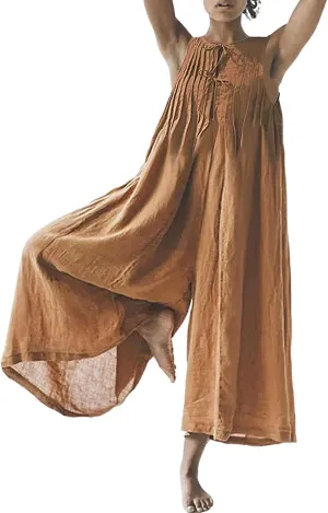 Women's Cotton Linen Loose Wide Leg Jumpsuits High Waist Casual Summer Flowy Comfy Short Sleeve Long Pants Rompers