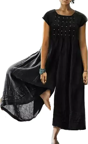 Women's Cotton Linen Loose Wide Leg Jumpsuits High Waist Casual Summer Flowy Comfy Short Sleeve Long Pants Rompers