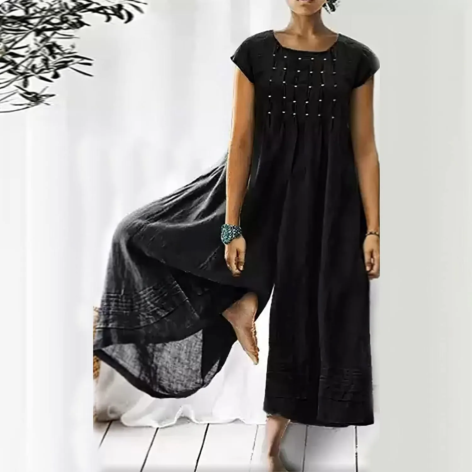 Women's Cotton Linen Loose Wide Leg Jumpsuits High Waist Casual Summer Flowy Comfy Short Sleeve Long Pants Rompers