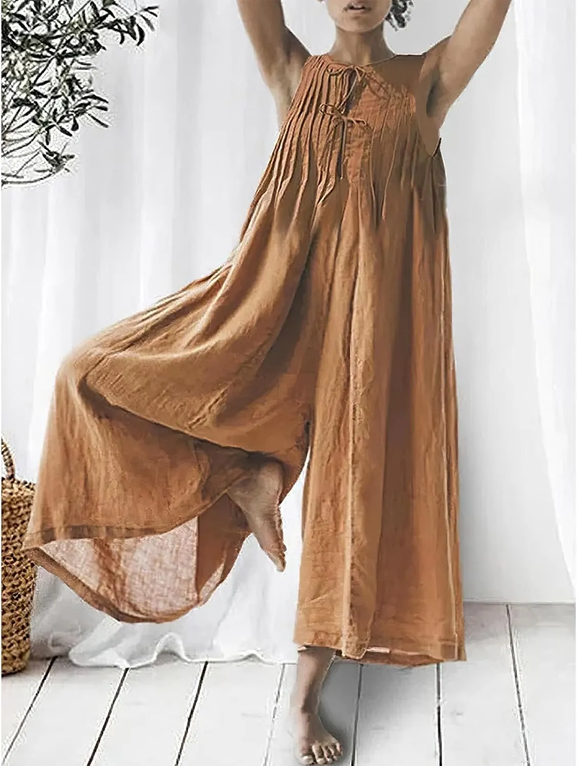 Women's Cotton Linen Loose Wide Leg Jumpsuits High Waist Casual Summer Flowy Comfy Short Sleeve Long Pants Rompers