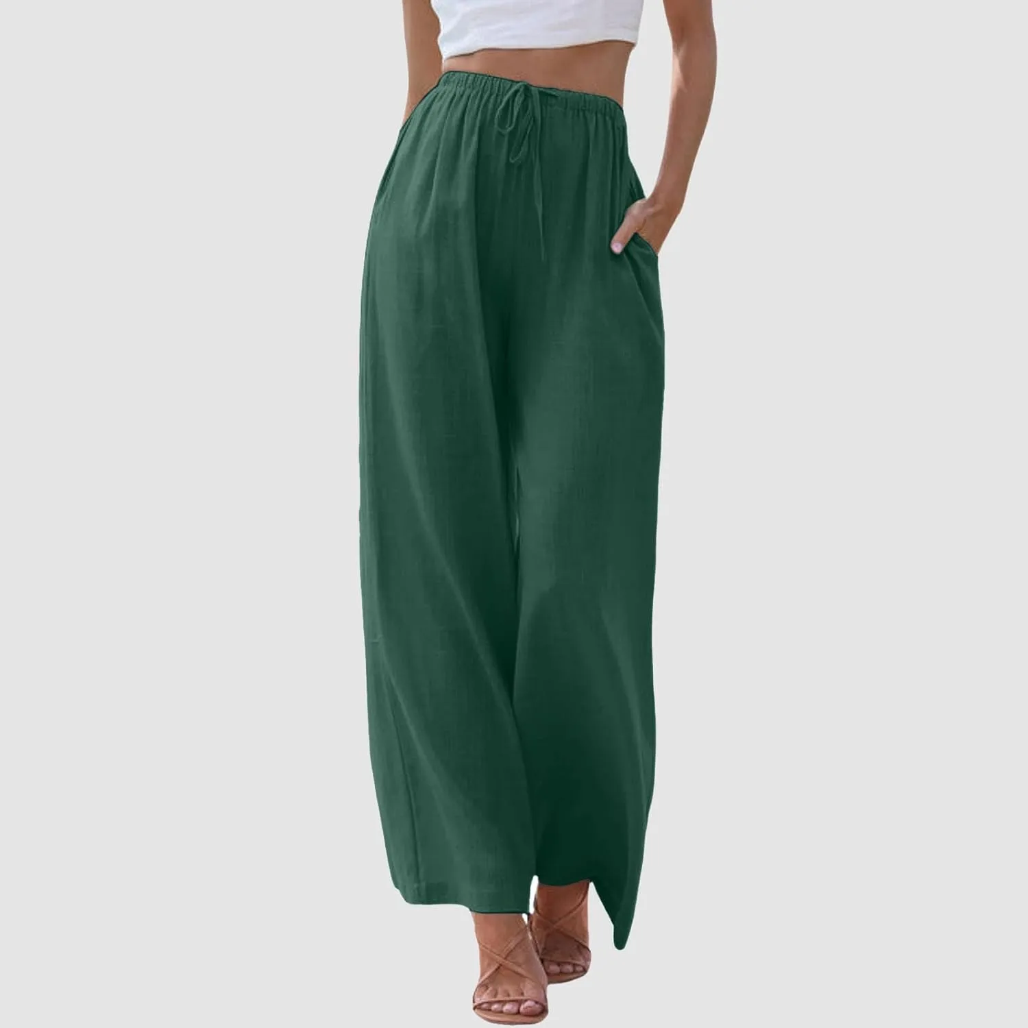 Womens Cotton Linen Palazzo Pants Drawstring Elastic Waist Casual Wide Leg Trousers Summer Beach Flowy Pants Pockets