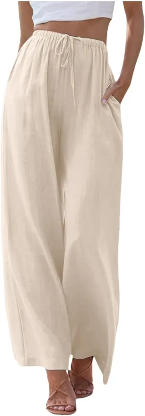 Womens Cotton Linen Palazzo Pants Drawstring Elastic Waist Casual Wide Leg Trousers Summer Beach Flowy Pants Pockets