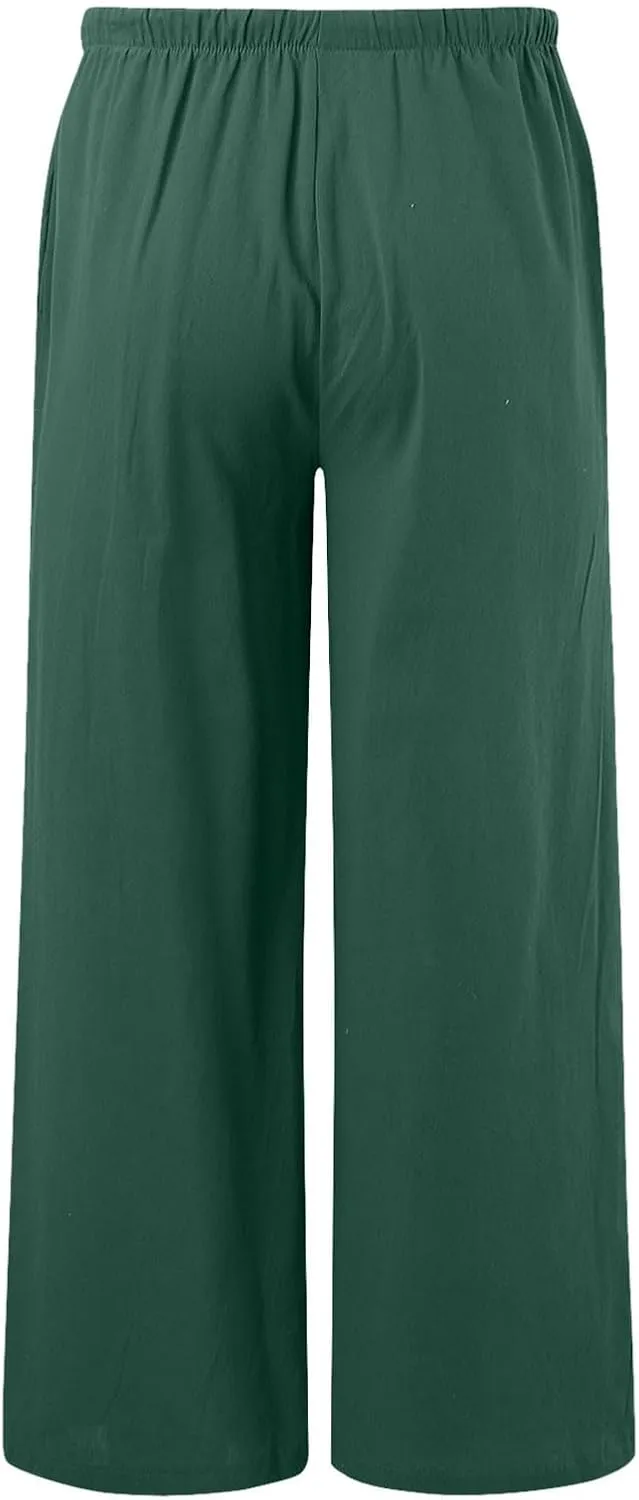 Womens Cotton Linen Palazzo Pants Drawstring Elastic Waist Casual Wide Leg Trousers Summer Beach Flowy Pants Pockets