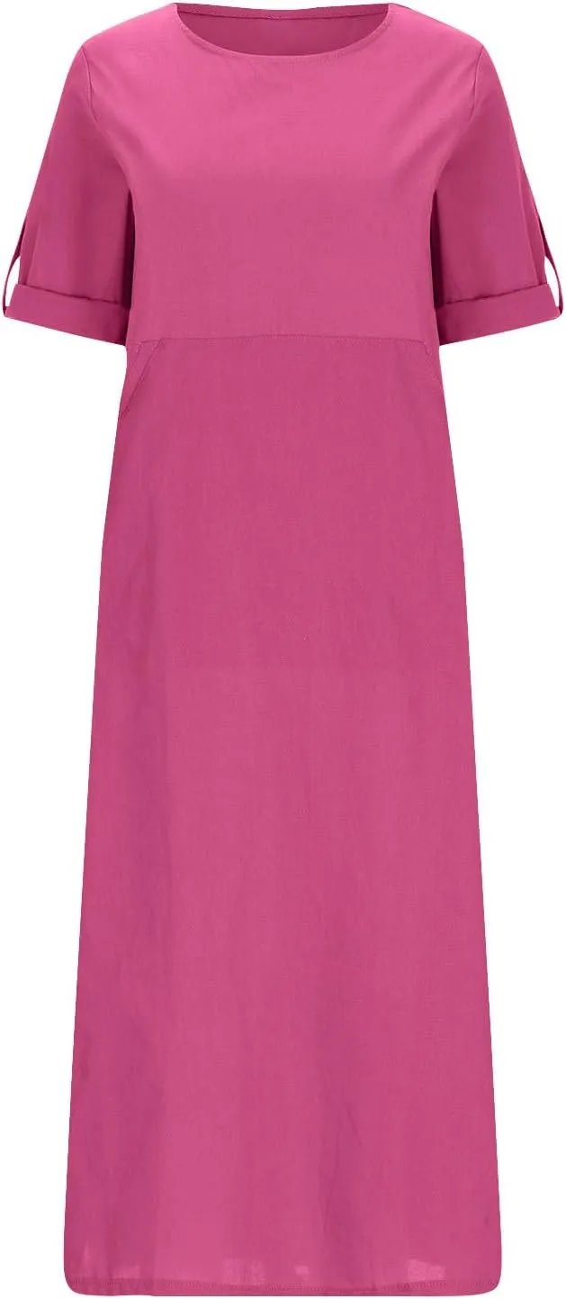 Women's Cotton Linen Short Sleeve Dress Round Neck Long Dresses with Pockets 2025 Summer Casual Loose Beach Maxi Dress