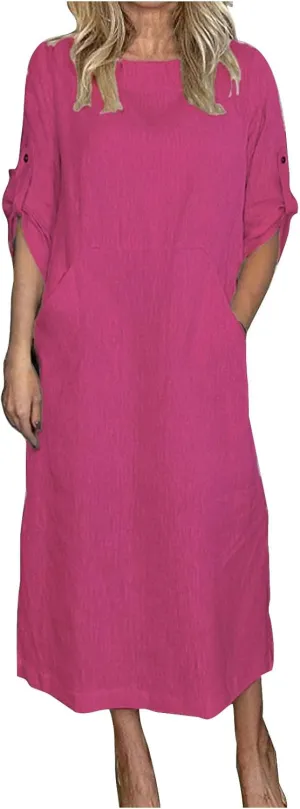 Women's Cotton Linen Short Sleeve Dress Round Neck Long Dresses with Pockets 2025 Summer Casual Loose Beach Maxi Dress