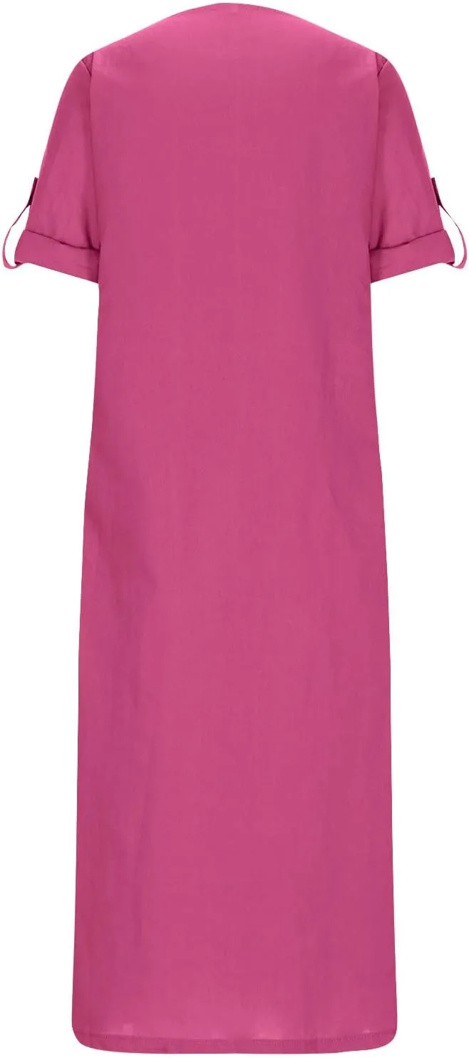 Women's Cotton Linen Short Sleeve Dress Round Neck Long Dresses with Pockets 2025 Summer Casual Loose Beach Maxi Dress