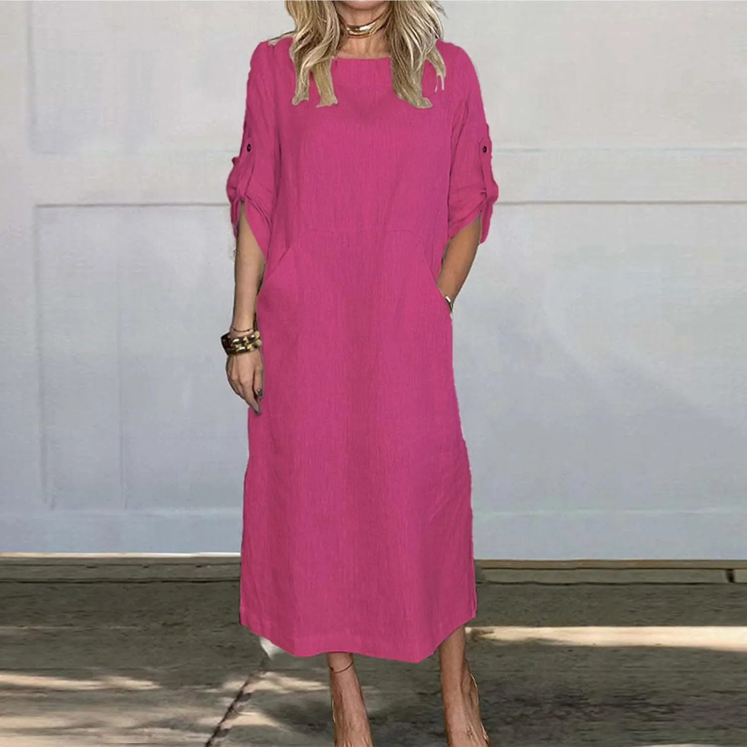 Women's Cotton Linen Short Sleeve Dress Round Neck Long Dresses with Pockets 2025 Summer Casual Loose Beach Maxi Dress
