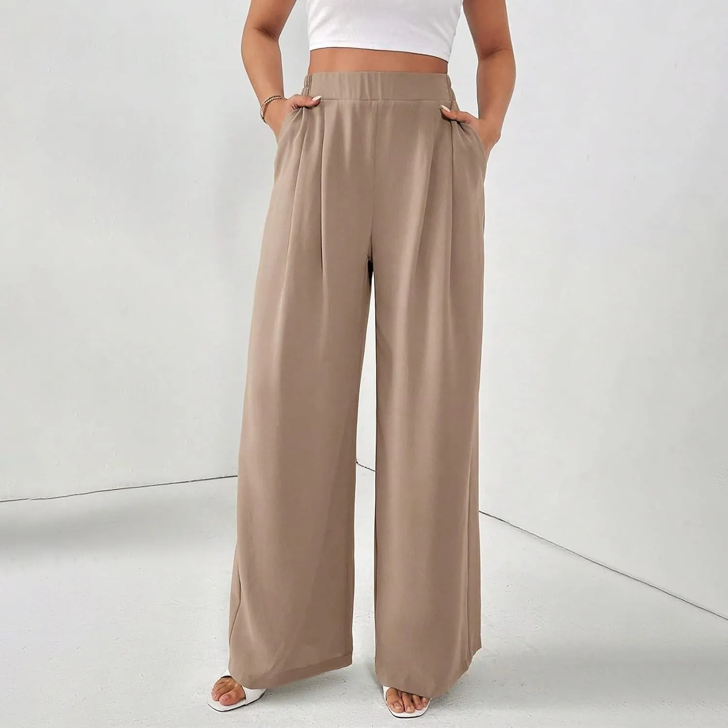Women's Crinkle Textured Wide Leg Pants High-Waisted Cooling Summer Stretchy Lightweight Lounge to Office